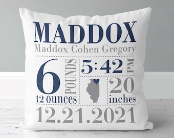 Boys Birth Announcement Pillow - Birth State Love - Boys Navy Blue and Gray