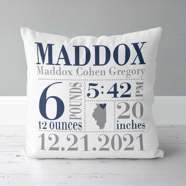 Boys Birth Announcement Pillow - Birth State Love - Boys Navy Blue and Gray