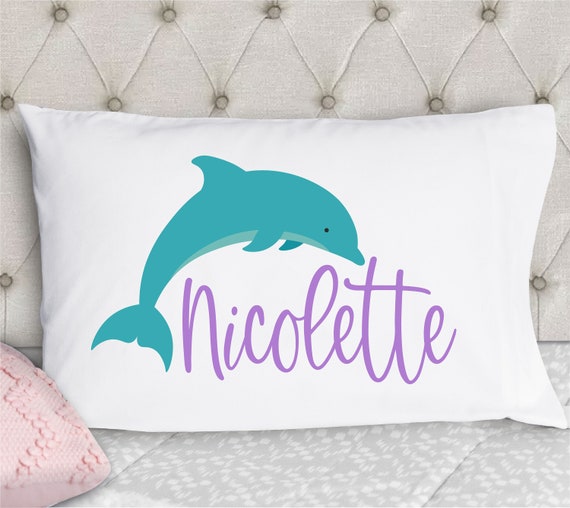 Personalized Girls Pillowcase Dolphin in Aqua Lavender Dolphin Pillowcase Kids Pillow Case Standard Size Pillowcase