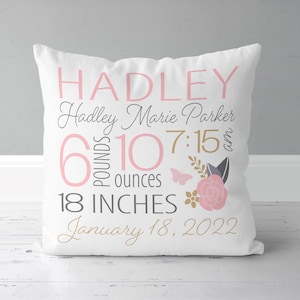 Floral Girls Birth Announcement Pillow: Pink, Gold, Grey - Keepsake Pillow for New Parents