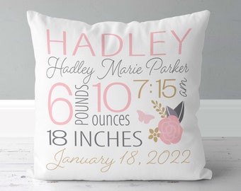 Girls Birth Announcement Pillow - Floral - Pink Gold Grey - Birth Stats Pillow - New Script - cotton