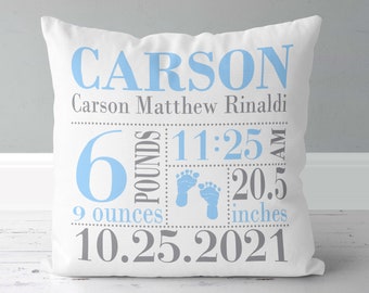 Boys Birth Announcement Pillow - Footprints - Blue Grey - Nursery Pillow - New Baby Gift - Personalized