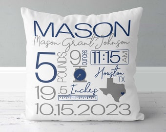 Boys Birth Announcement Pillow - Birth State - Boys Navy Blue and Grey