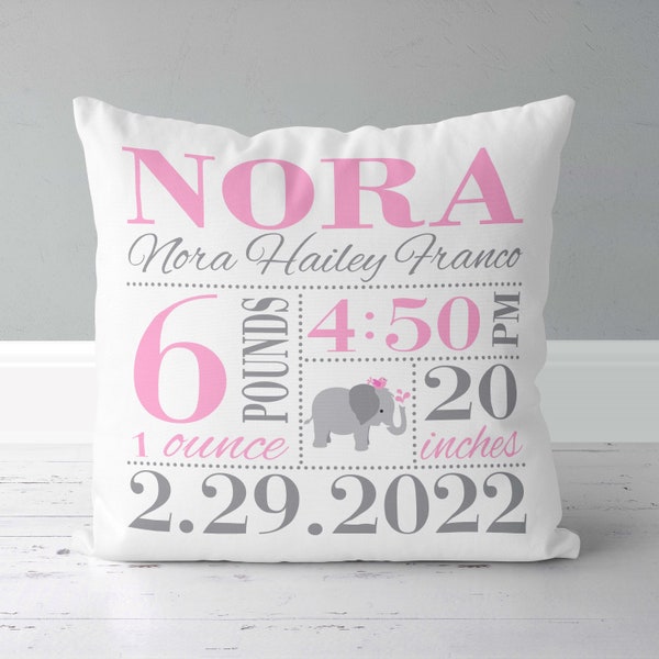 Girls Birth Announcement Pillow - Elephant - Nursery Pillow - New Baby Girl Gift - Personalized - Birth Stats Pillow