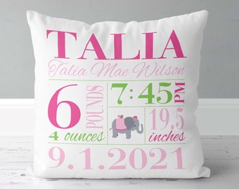 Girls Birth Announcement Pillow - Birth Stats Pillow Elephant Parade in Hot Pink, Blush and Lime Green