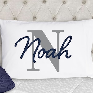Personalized Boys Pillowcase: Navy Blue & Gray Name Initial Pillow Case