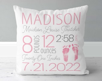 New Baby Gift - Personalized - Girls Birth Announcement Pillow - Blush Pink Footprints - Nursery Birth Stats Pillow - New Baby Gift - Cotton