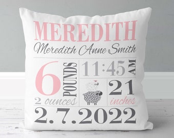 Girls Birth Announcement Pillow in Baby Pink and Grey with Sleepy Sheep - personalized new baby gift - nursery pillow