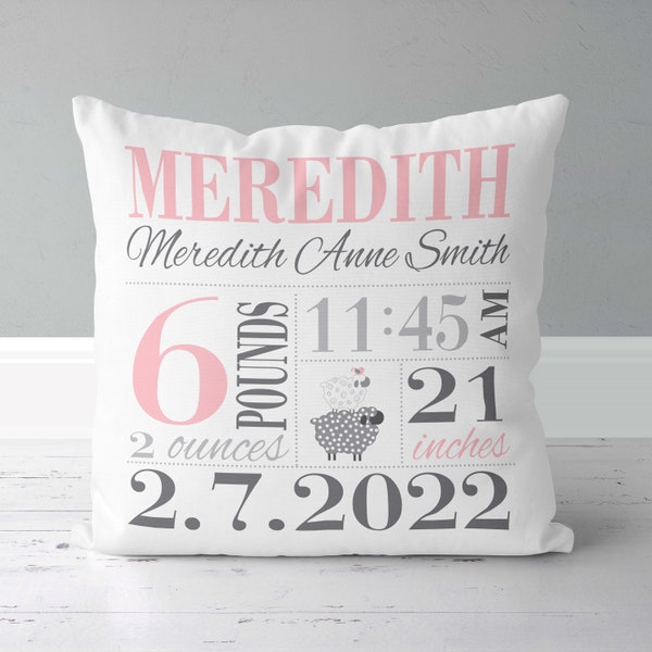 Girls Birth Announcement Pillow in Baby Pink and Grey with Sleepy Sheep - personalized new baby gift - nursery pillow