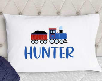 Personalized Train Pillowcase: Navy Blue & Red Kids Pillow