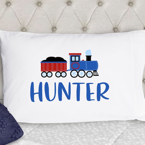 Personalized Boys Pillowcase - Navy Blue and Red Train Pillowcase - Kids Pillow Case - Standard Size Pillowcase