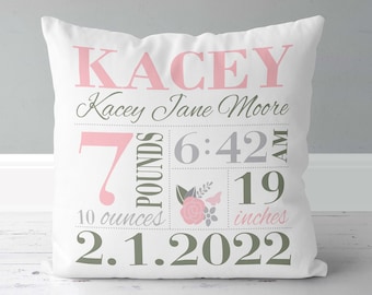 Girls Birth Announcement Pillow - Floral - Baby Pink Sage and Grey - Birth Stats Pillow - New Baby Gift - New Mom Gift - cotton
