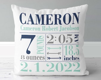 Boys Birth Announcement Pillow - Arrows - Navy Mint and Grey - Nursery Pillow - New Baby Gift - Personalized - Cotton - Birth Stats Pillow