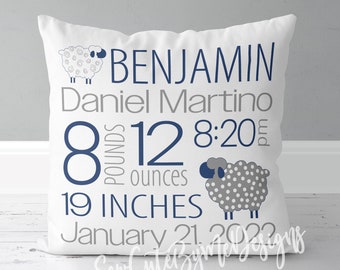 Boys Birth Announcement Pillow - Sleepy Sheep - Navy and Grey - Nursery Pillow - New Baby Gift - Personalized