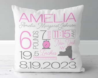 Girls Birth Announcement Pillow - Pink and Gray - Birth State Scale Birth Stats Nursery Pillow New Baby Gift