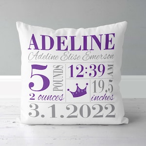 Girls Personalized Birth Announcement Pillow - Princess in purple and gray