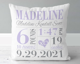 Girls Birth Announcement Pillow in Lavender and Grey with XO Heart - personalized new baby gift - nursery pillow