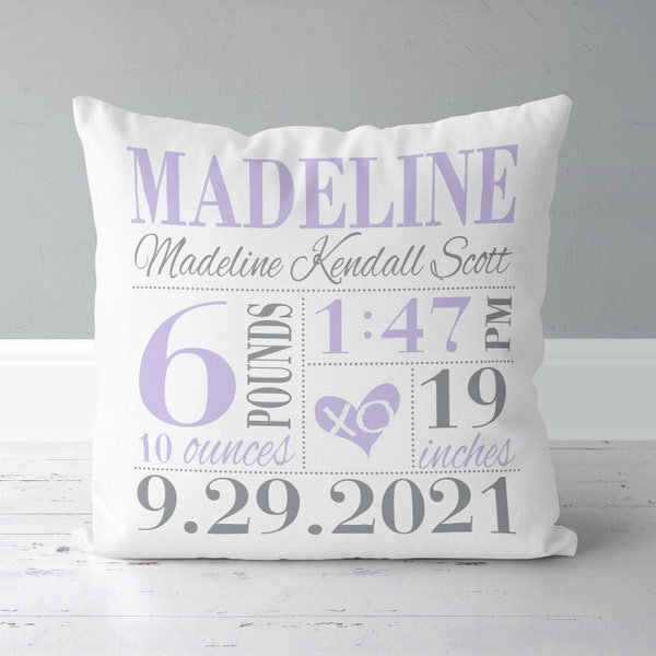 Girls Birth Announcement Pillow in Lavender and Grey with XO Heart - personalized new baby gift - nursery pillow
