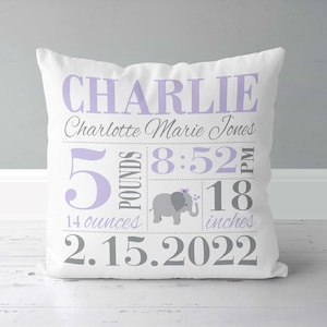 Girls Birth Announcement Pillow - Elephant - Lavender and Grey