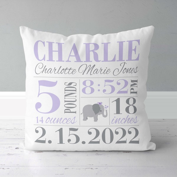 Girls Birth Announcement Pillow - Elephant - Lavender and Grey