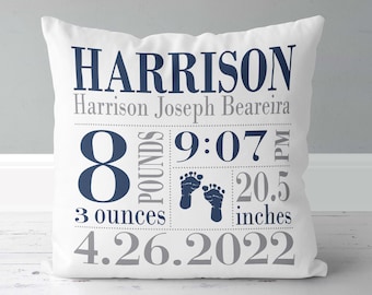 Personalized Baby Boy Birth Announcement Pillow: Navy Footprints, Keepsake Gift for New Parents