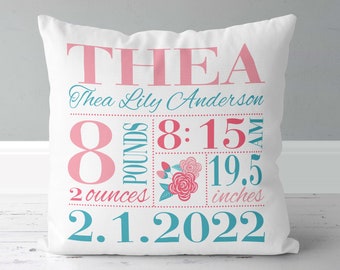 Girls Birth Announcement Pillow - Floral - Soft Coral Light Teal - Birth Stats Pillow - New Baby Gift - New Mom Gift