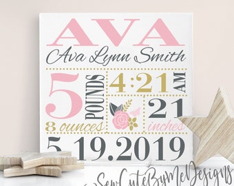 Birth Announcement Sign, 8"x8" Birth Announcement Tile, New Baby Girl Gift, Baby Birth Stats Sign, Blush, Floral Birth Stats Ceramic Tile