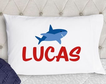 Personalized Shark Pillowcase: Blue and Red Kids Bedding