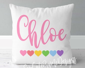 Girls Personalized Gift - 16 x 16 Cotton Pillow - Pastel Hearts - Includes Pillow Cover AND Pillow Insert