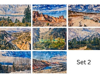 Cartes de remerciement style aquarelle - lot de 8 paysages imprimables