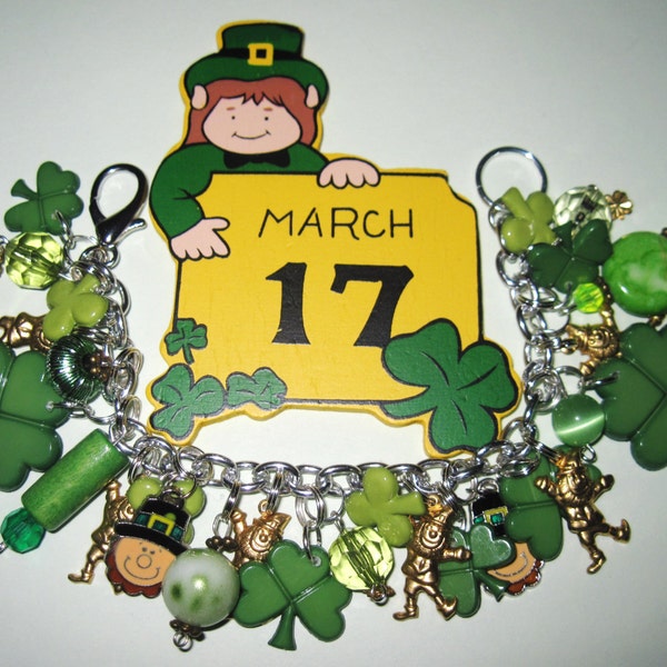 St Patrick's Day Leprechaun Charm Bracelet St. Partick's Day Jewelry Assemblage Lucky Irish Clover Shamrocks OOAK Eclectic Statement Piece