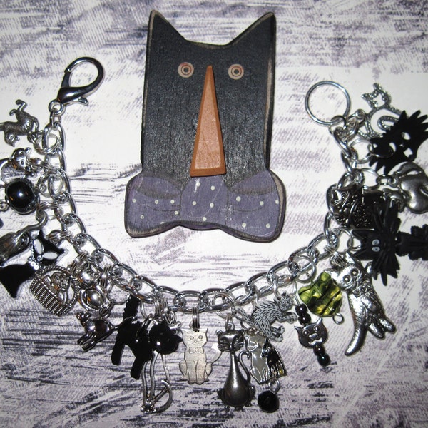 Cat Charm Bracelet Beads Trinkets Loaded OOAK Gothic Black Spooky Vintage Style Eclectic Unique Statement Piece Jewelry