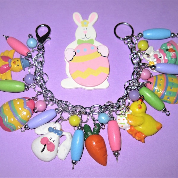 Easter Bracelet, Easter Charm Bracelet, Easter Jewelry, Bunny, Eggs, Chicks, Carrot, Charms, Beads, Chunky, Pastel Colors, OOAK, Handmade