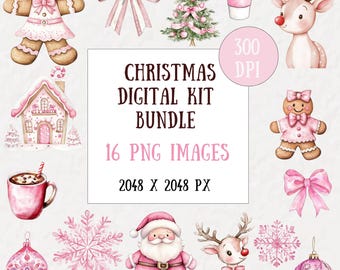 Pink Coquette Christmas Watercolor PNG Bundle | Digital Clipart Kit