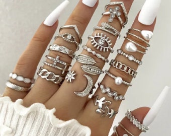 silver colour geometric knuckle rings set for women eye cross sun and moon leaf charm finger ring female boho party jewellery