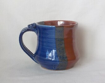 Ceramic Mug   Stoneware Coffee Cup   Handmade Pottery   Medium Size Cup  Gift Item  Ready to Ship  Thumb Rest   Iron Red  Cobalt Blue  m355