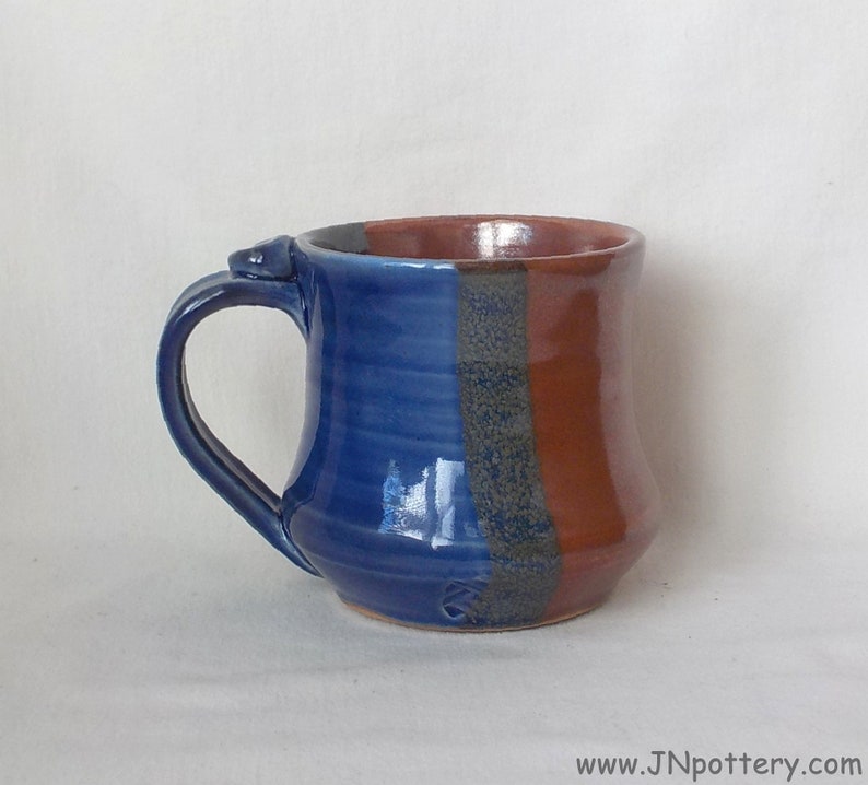 Ceramic Mug Stoneware Coffee Cup Handmade Pottery Medium Size Cup Gift Item Ready to Ship Thumb Rest Iron Red Cobalt Blue m355 image 1