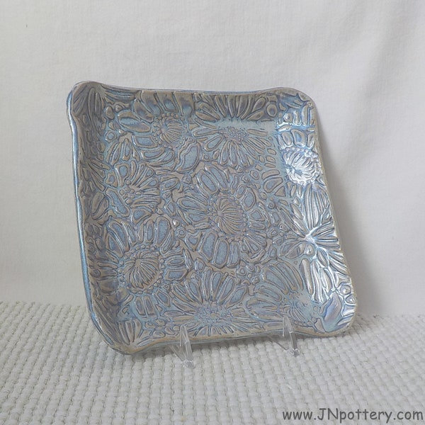 Ceramic Slab Tray  Square Plate  Raised Rim  Flower Texture Pattern  Stoneware Lunch Dish  Salad Plate  Rutile Blue   Ready to Ship  v734