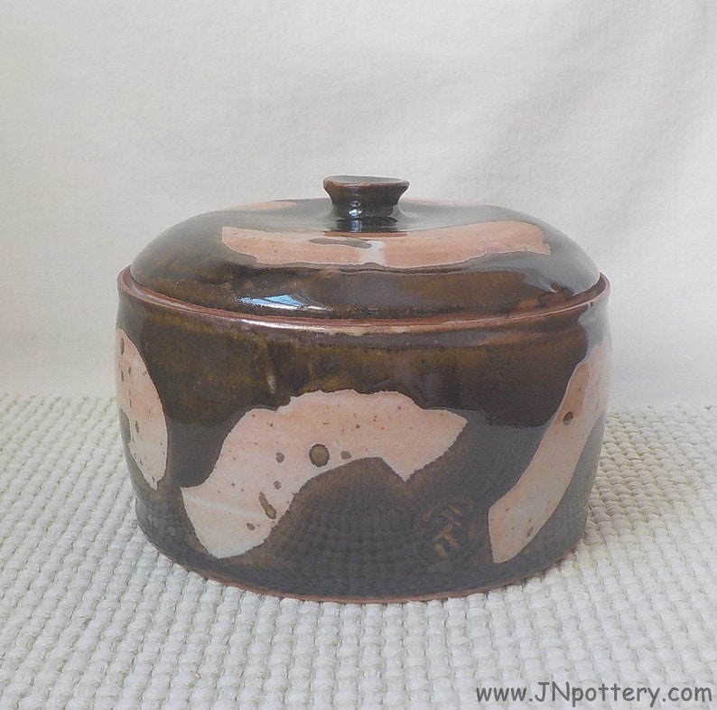 Lidded Canister Ceramic Storage Stoneware Cookie Jar Kitchen Crock Ready to Ship Wax Resist Design Tan Shino and Tenmoku Brown v730 image 1