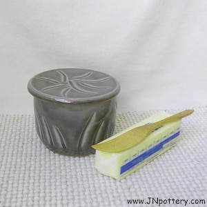 Ceramic Butter Keeper  Stoneware Crock  French Style Butter Dish  Store and Serve  Ready to Ship  5 ounce size Oribe Green / Red Hints s867