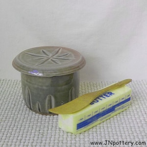 Ceramic Butter Keeper  Stoneware Crock  French Style Butter Dish  Store and Serve  Ready to Ship Carved Design Oribe Green / Red Hints s855