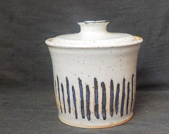 Ceramic Crock  Handmade Pasta Keeper  Lidded Kitchen Storage  Sugar or Coffee Canister Ready to Ship Off White with Blue in Carving  V740