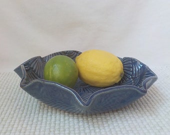 Stoneware Fruit Bowl  Fluted Rim Ceramic Slab Plate Ready to Ship  Whatnot Trinket Dish Textured Fan Pattern Shades of Deep Blue  v726