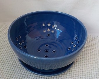 Ceramic Berry Bowl  Wheel Thrown Stoneware Fruit Strainer and Saucer  Pierced Bowl  Kitchen Colander  Ready to Ship  Rich Cobalt Blue  s819
