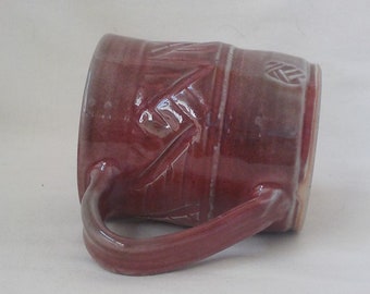 Ceramic Mug  Stoneware Coffee Mug Handmade Pottery  Barrel Shape  Gift Item 14 Ounce Capacity Cranberry Red with Gray Ready to Ship  m369