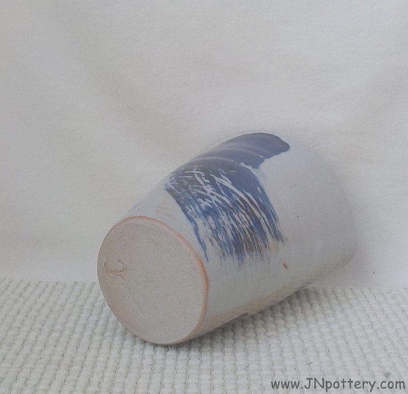 Small Ceramic Vase Flare Shape Oval Rim Stoneware Spoon Jar Gift Item Gray Tan Celadon with Blue Swoosh Design Ready to Ship v724 image 6