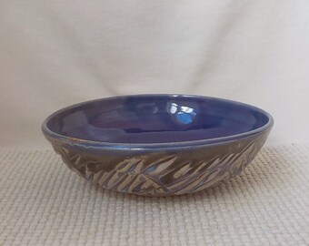 Ceramic Bowl  Soup Bowl  Carved Salad Dish  Food Prep  Handmade Serving Dish  Anytime Gift  Ready to Ship Blue Rutile and Cobalt Blue  b524