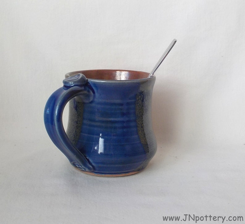 Ceramic Mug Stoneware Coffee Cup Handmade Pottery Medium Size Cup Gift Item Ready to Ship Thumb Rest Iron Red Cobalt Blue m355 image 4