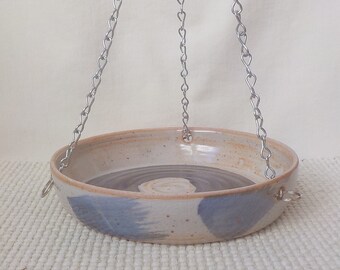 Stoneware Bird Bath  Hanging Ceramic Bowl  Handmade Pottery Yard Garden Décor Ready to Ship  Bird Lover Gift  Speckle Gray / Blue  g159