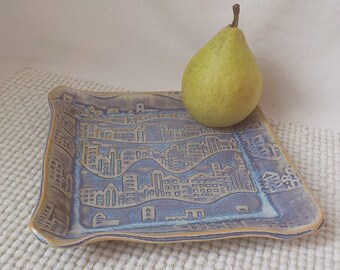 Ceramic Square Plate  Slab Tray  Lunch or Snack Plate Stoneware Appetizer Dish  Ready to Ship  Serving Dish  Blue and Beige Texture  S813